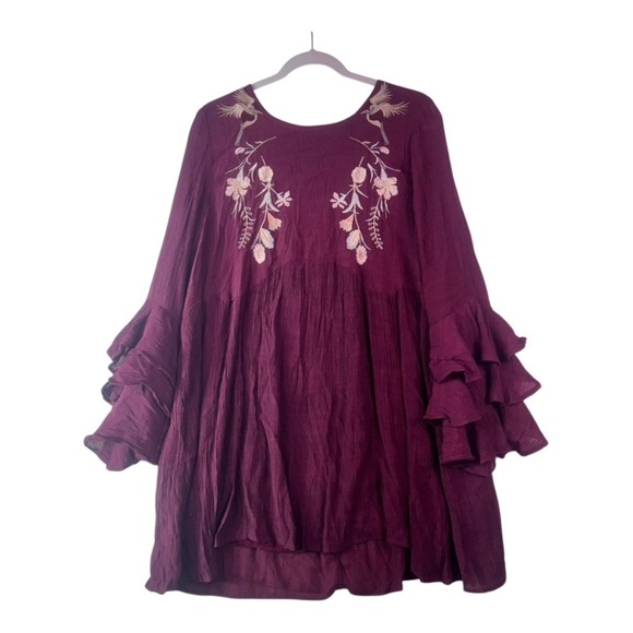 Umgee Burgundy Embroidered Ruffle-Sleeve Tunic Dress – Size Large - Picture 7 of 11
